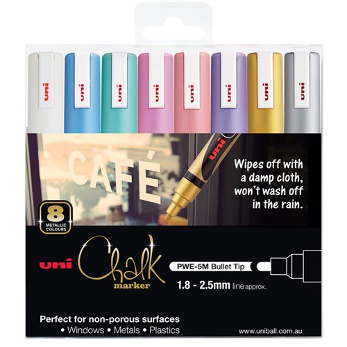 UNI LIQUID CHALK MARKER 2.5MM Bullet Tip Assorted Metallics Pack Of 8